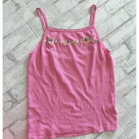Y2K Pink Stretchy Knit Baby Tank Top Embroidered Dainty Flowers No Sz - Picture 1 of 7